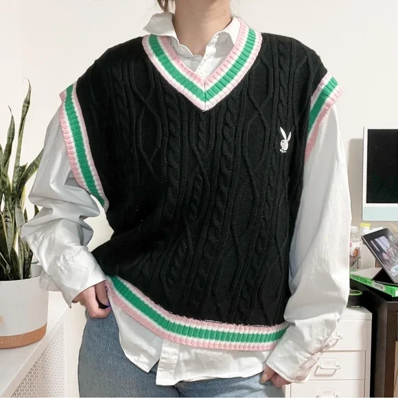 Playboy x Missguided Black Oversized Cricket Knit Vest - Picture 2 of 5